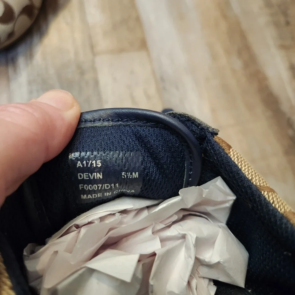 Coach Devin Signature Monogram Navy Suede Tan Canvas Low Top Sneakers 5.5 Logo